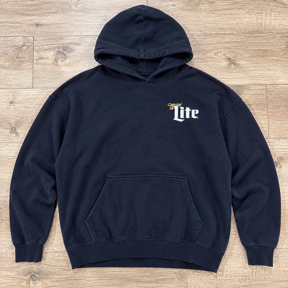 Miller Lite Pullover Hoodie Navy Blue Logo Graphic Beer Sweatshirt LARGE